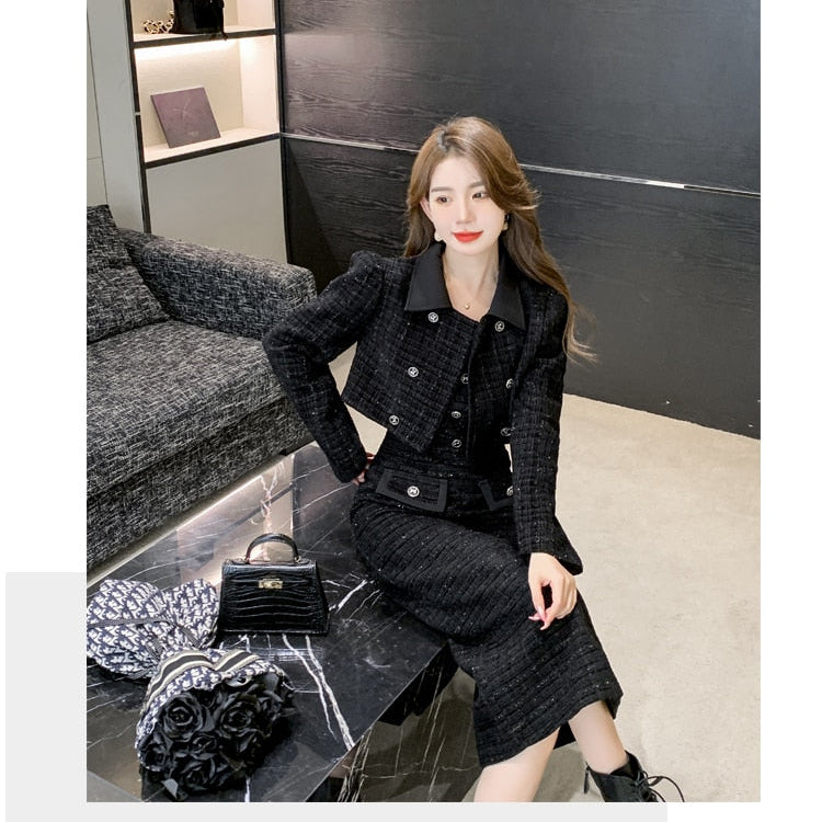 Luxury Tweed Two Piece Set Women Outfits Female Vintage Lapel Short Jacket Coat+Spaghetti Straps Dress Suit Fall Winter Woolen S