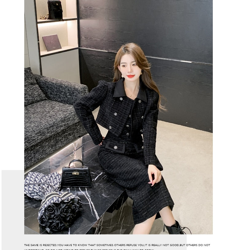 Luxury Tweed Two Piece Set Women Outfits Female Vintage Lapel Short Jacket Coat+Spaghetti Straps Dress Suit Fall Winter Woolen S