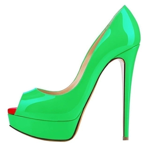 Women Pumps Sexy Platform Peep Toe 14cm Extremely High Heels Woman Patent Leather Nighclub Red Wedding Shoes Gradient Stiletto
