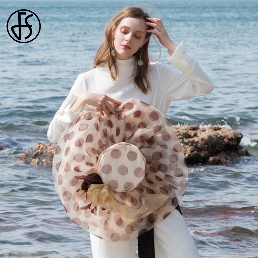 FS Oversized Brim Dot Organza Top Hats For Women Beach Visor Sun Sombreros Flowers Fedora Lady Wavy Edge UV Protection Derby Cap