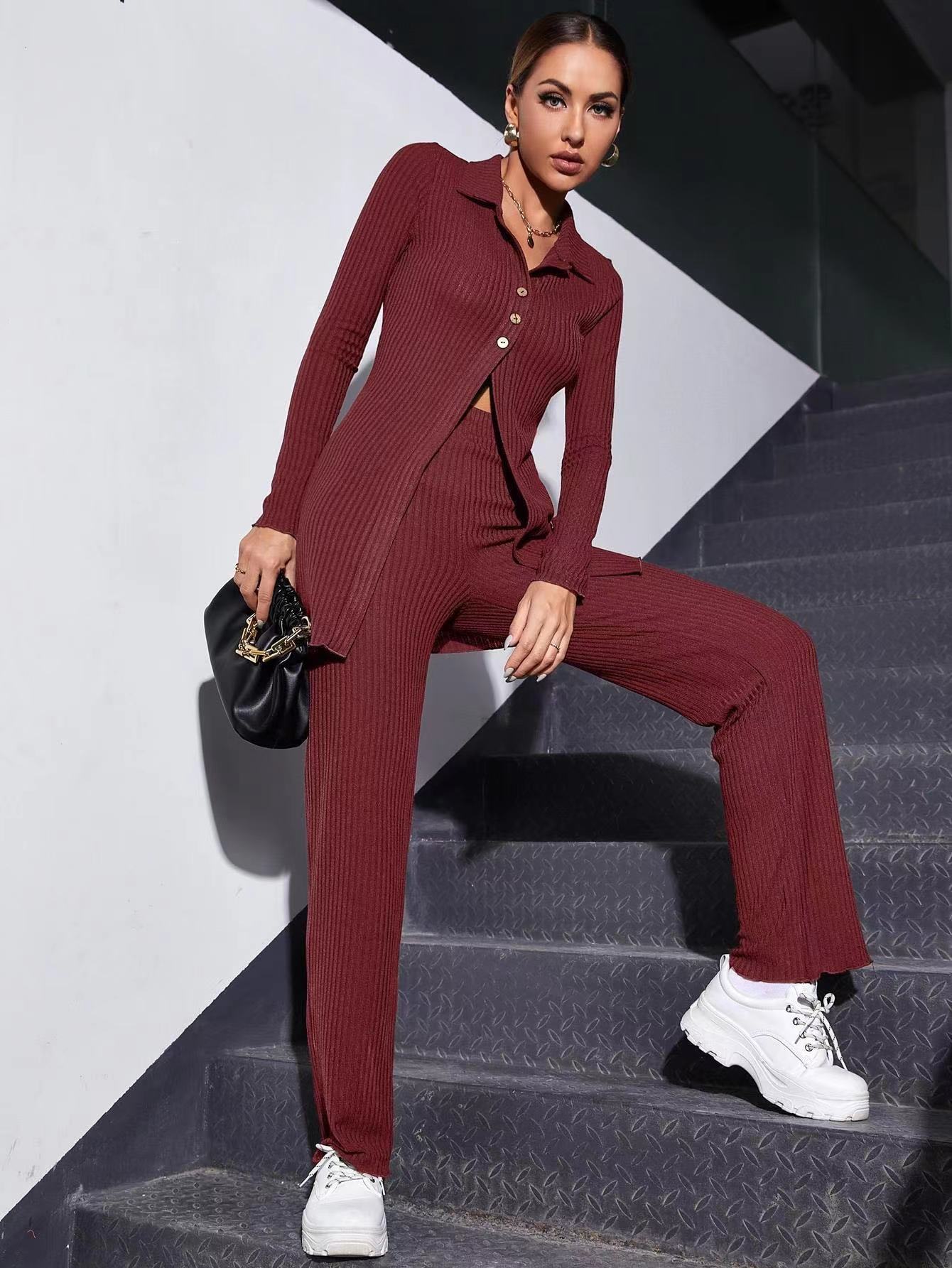 Autumn Knitted Sweater 2 Pcs/Set Women Elegant Stretch Pants Suit Female Ribbed Single-breasted Shirt Top Cardigan Jacket crimson TZ153