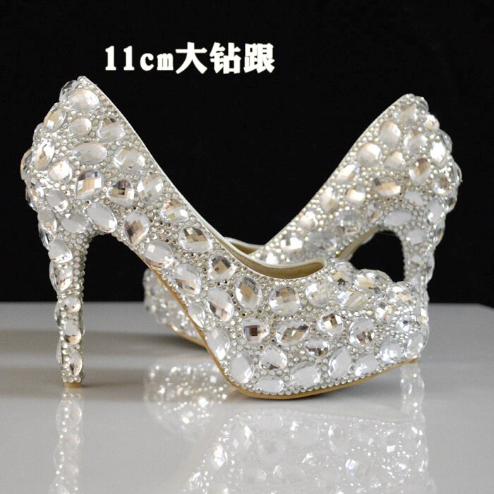 Women Rhinestones Pumps Shoes Super Flash Crystal Chaton Wedding Shoes White Bride Shoes Show Diamond High-heeled Shoes 11CM