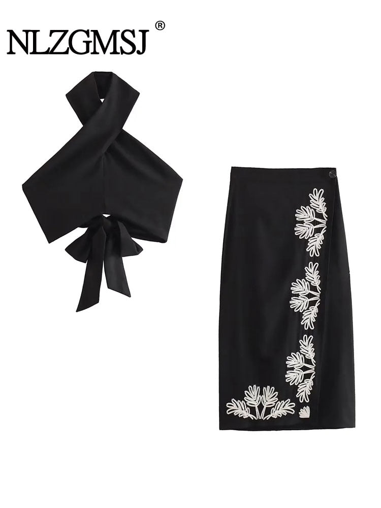 Woman 2 Pieces Midi Skirts Sets Summer Women Suit Tops Embroider Skirts Set Womens Outfits set
