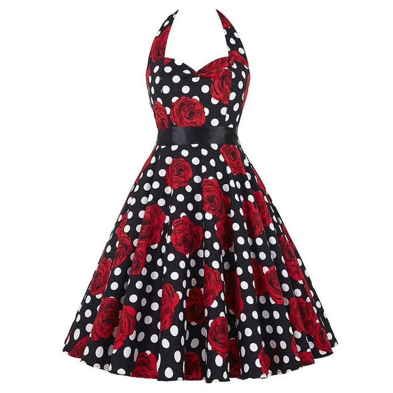 Polka Dot Dress Women Vintage Swing Halter Belt 50s 60s Rockabilly Prom Party Dresses Retro Feminino Vestidos 568