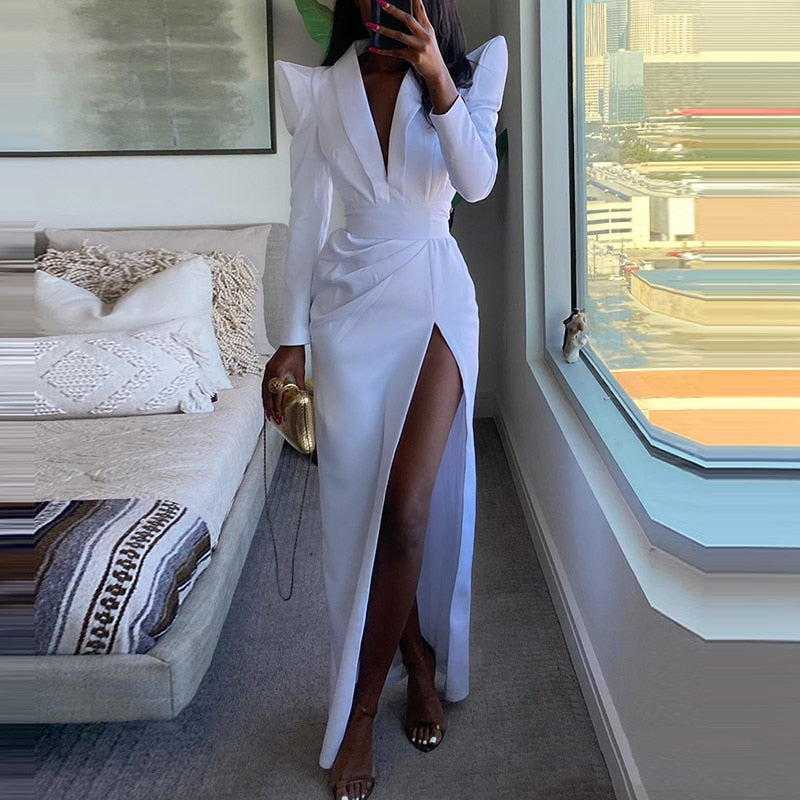 Elegant Long Sleeve Slim Fit Office Dress New Ladies Fashion V-Neck Draped Party Dresses Sexy Hollow Out High Split Maxi Dress