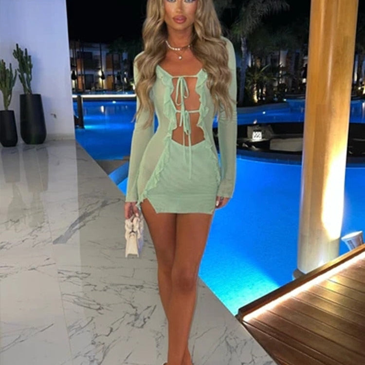 Townlike Sexy 3 Pieces Set Women Long Sleeve Crop Top And Mini Skirts And Bra Slim Three Piece Set 2023 Spring Summer Outfits 23008lightgreen