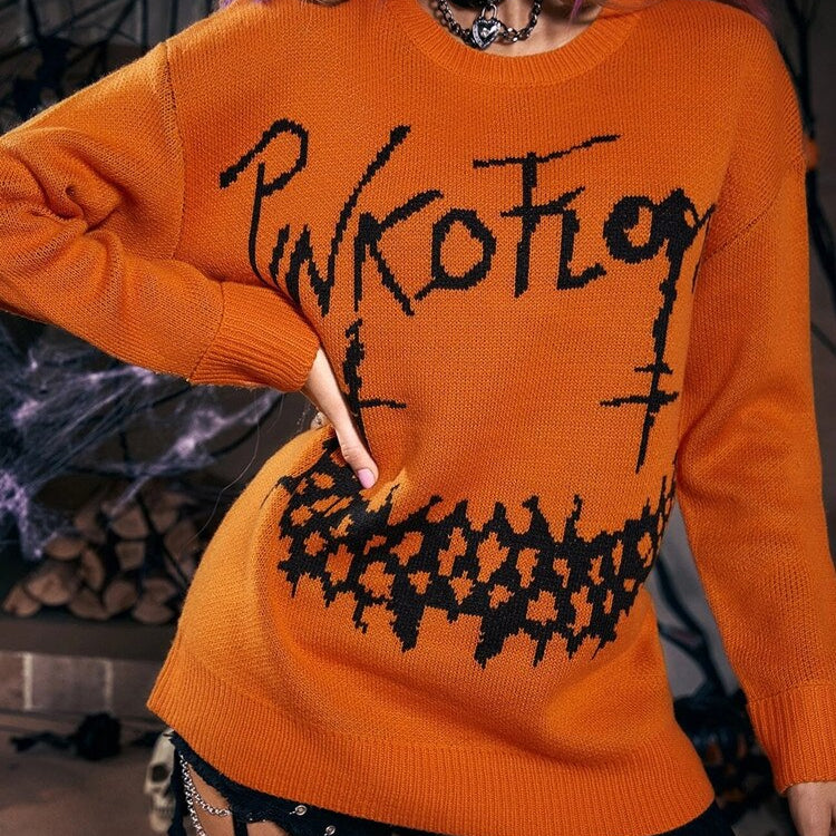 Yangelo Halloween Gothic Letter Pattern Knitted Sweater Punk Street Retro Basic Women's Fall Winter Warm Loose Sweater