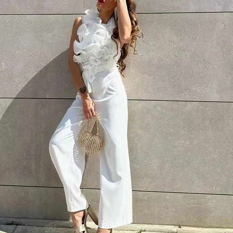 TRAF New Summer Women Elegant Solid Ruffle Sexy White Jumpsuits Fashion Long Jumpsuit with Belt