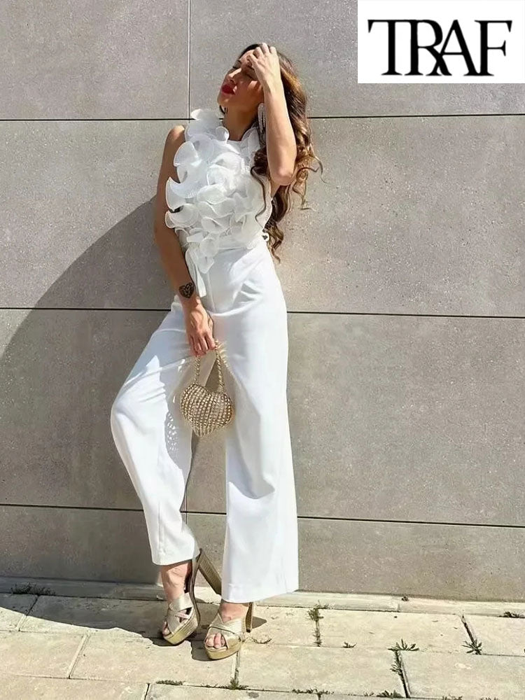 TRAF New Summer Women Elegant Solid Ruffle Sexy White Jumpsuits Fashion Long Jumpsuit with Belt