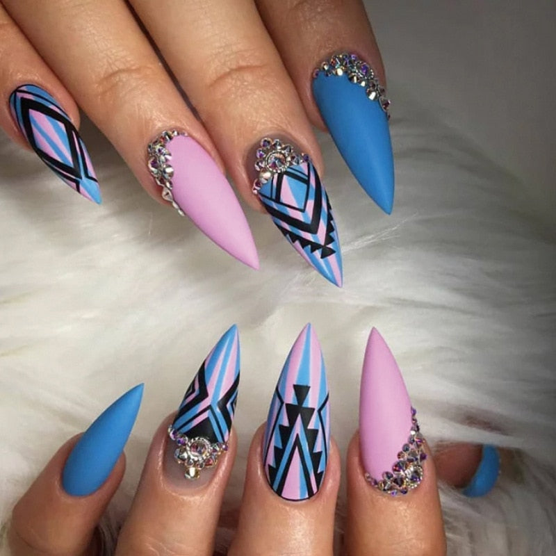 Long Stiletto False Nails Black Edge French Gold Thread Black Rhinestones Design Wearable Fake Nails Press On Nails Manicure Tip 3