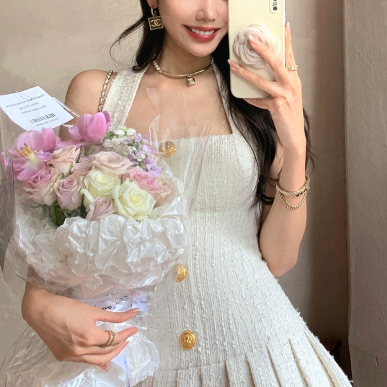 Womens Dresses Summer Gold Button Tweed Halterneck Strap Dress Korean Style A-line Elegant Party Evening Dress Mini Dress