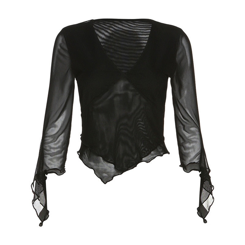 Tawnie Y2K Mesh Skirt 2 Pieces Sets Women 2023 Summer Casual V Neck Long Sleeve Crop Top Bodycon Maxi Skirt Matching Sets Outfit Top