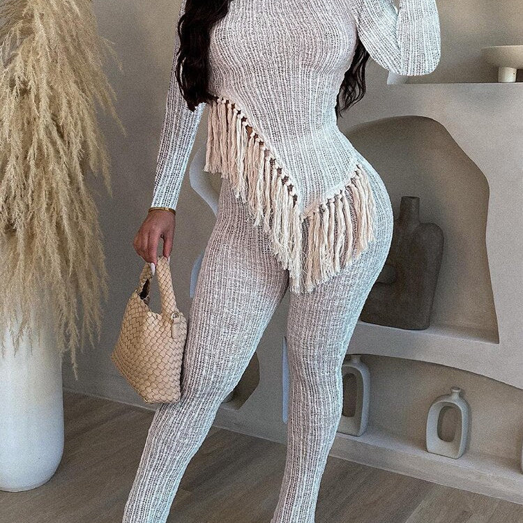 New In Fringe Tassel Long Sleeve Top and Pants Two Piece Set for Women Autumn Winter Birthday Party Club Night Outfit White Sets