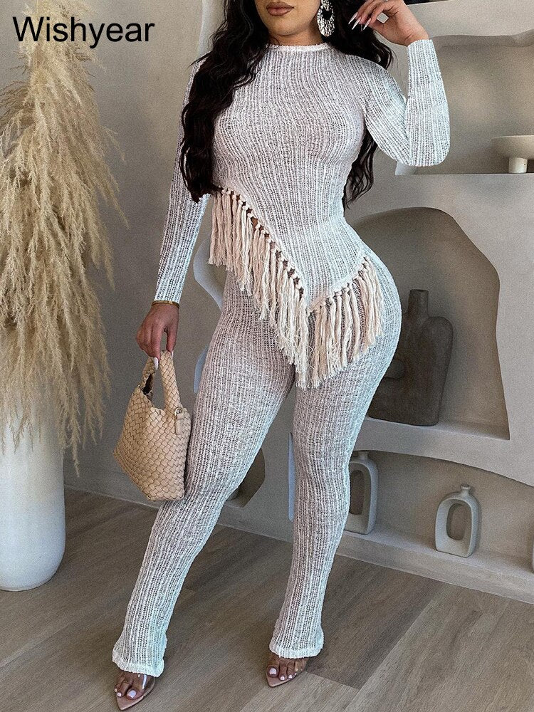 New In Fringe Tassel Long Sleeve Top and Pants Two Piece Set for Women Autumn Winter Birthday Party Club Night Outfit White Sets