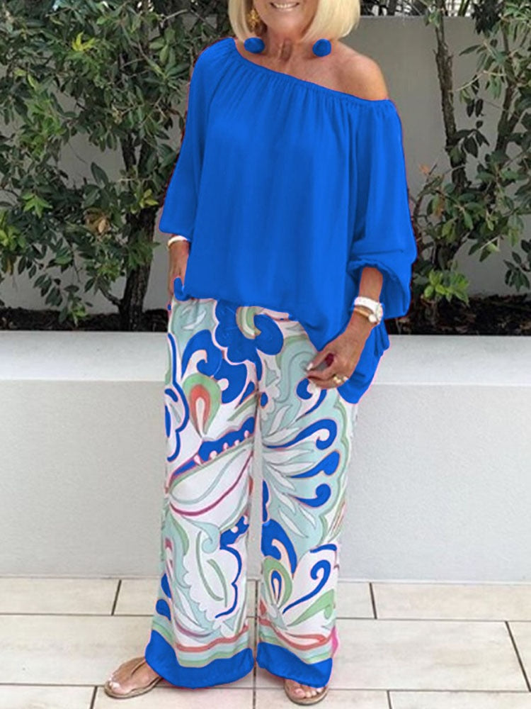One-shoulder Loose Long Sleeved T Shirt Set Women's Spring Autumn Leisure Printed Wide Leg Trousers + Shirt Two Piece deep blue