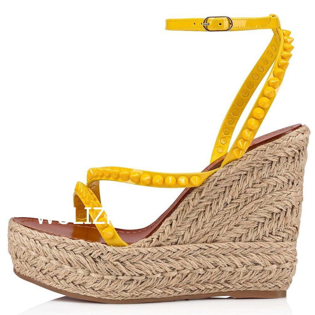 Women's Candy Color Rivet Design Wedge Sandals Summer Casual Open Slingback Platform Pink Yellow Sandals Cross Wrap Buckle Shoes as picture