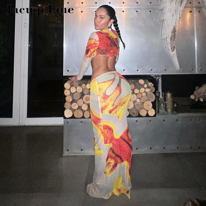 Jacuqeline Sexy Mesh See Through Print Dress Sets Club Party Clothing Long Sleeve Crop Tops and Low Waist Long Skirt Sets