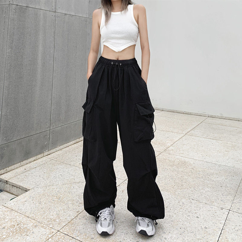 Women Casual Joggers Tech Pants Vintage Solid Low Waist Drawstring Baggy Trousers Y2K Wide Leg Sweatpants Streetwear Cargo Pants EA01132-Black