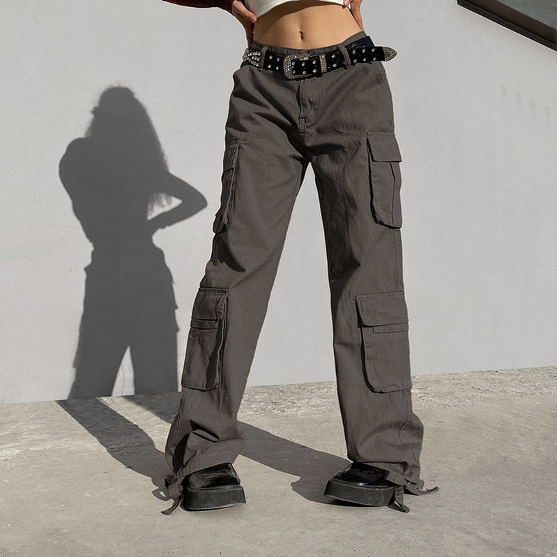 PASSIONNÉ Trousers for Women High Waist Pockets Lace-up Wide Leg Pants Female Vintage Streetwear Style Fashion New