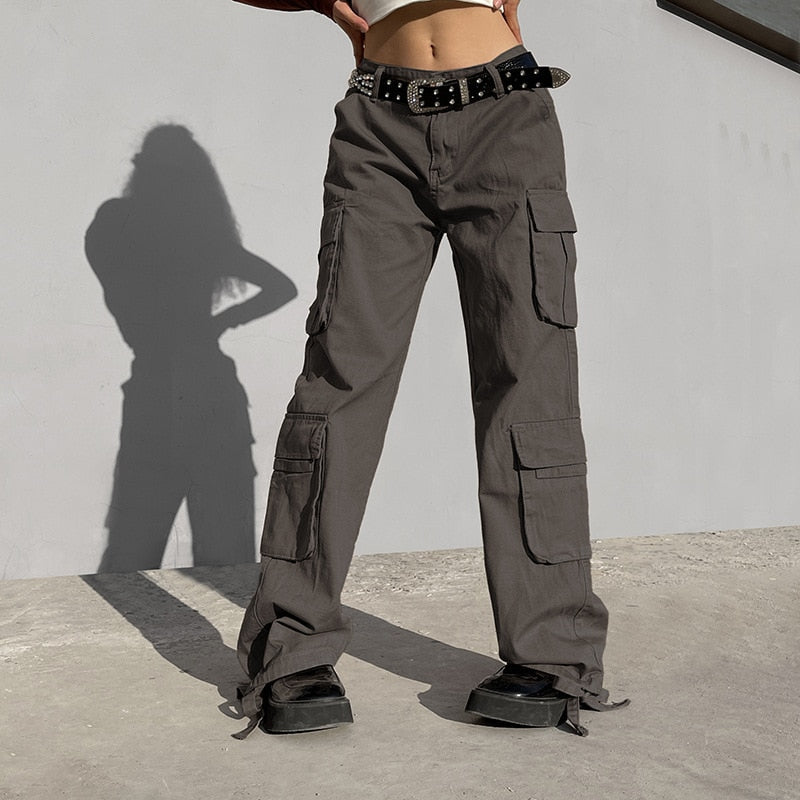 PASSIONNÉ Trousers for Women High Waist Pockets Lace-up Wide Leg Pants Female Vintage Streetwear Style Fashion New