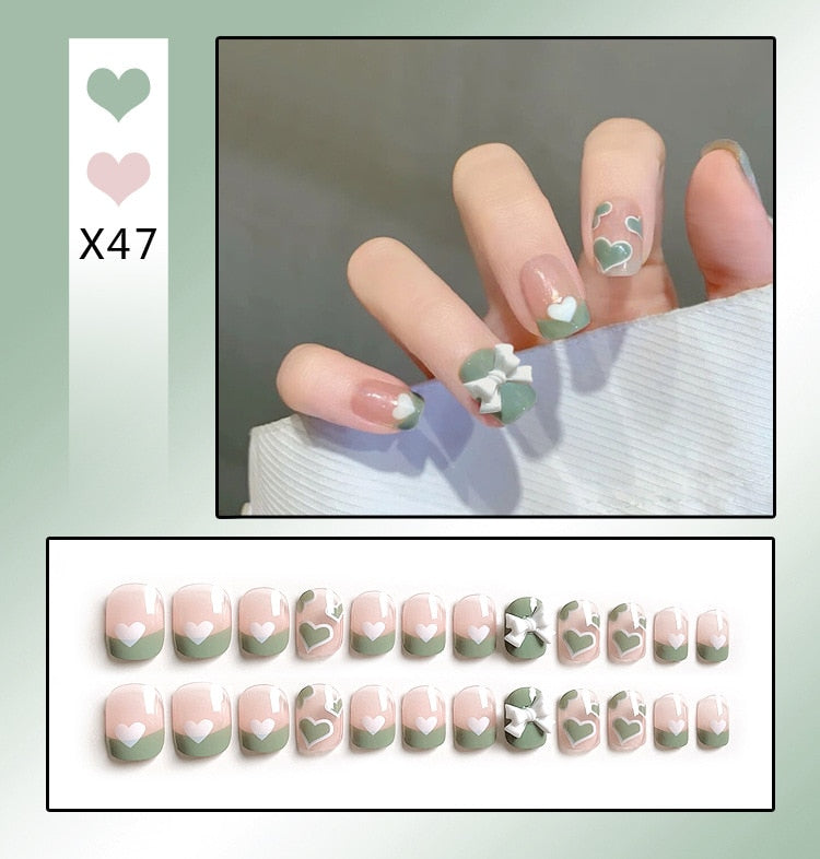 24PCS/Box Bowknot Rabbit Pattern Pearl Short Square Designer Fashion Design French Style Full Covering Pressed Fake Nails