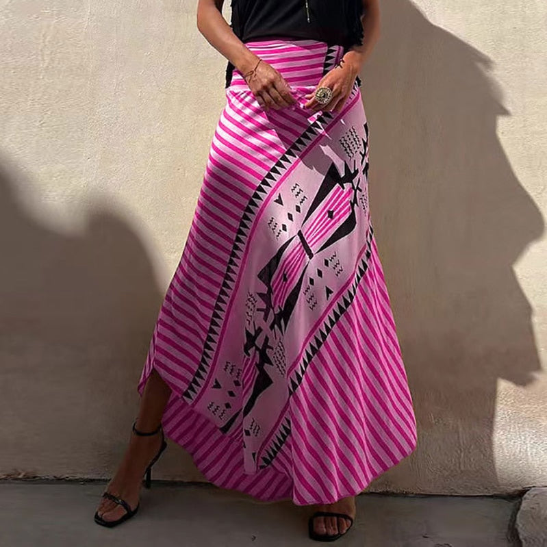 Boho Retro Patchwork Print Skirt Women Summer High Waist A-Line Elastic Long Skirts Casual Holiday Beach Skirt 04 Purple Print