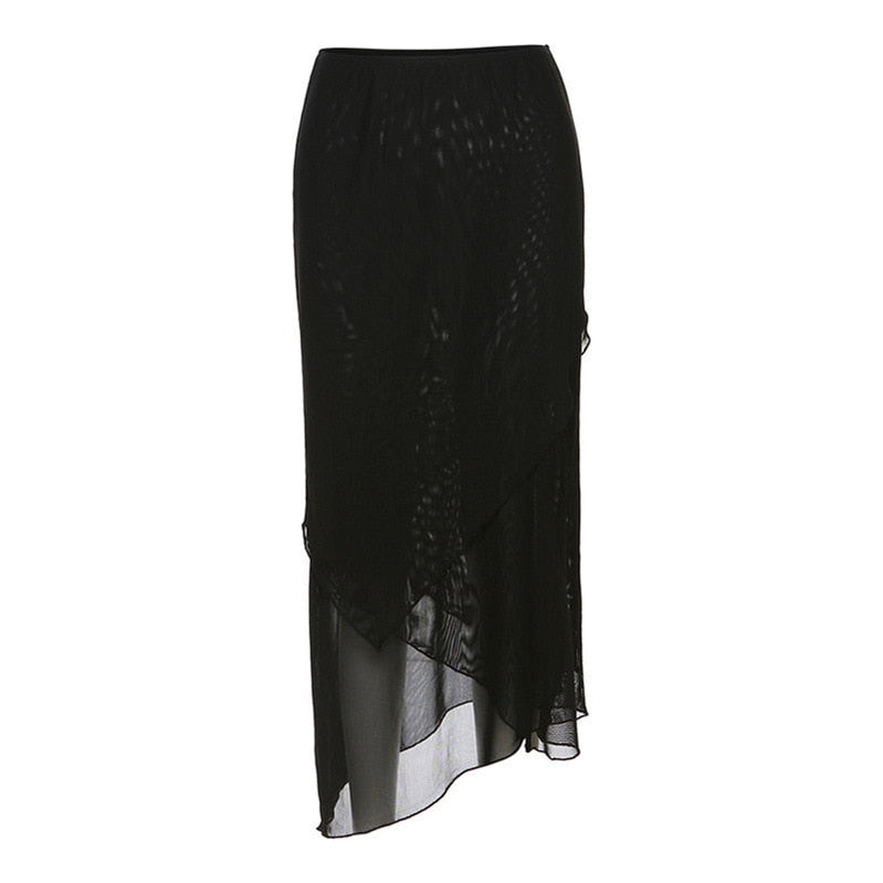 Tawnie Y2K Mesh Skirt 2 Pieces Sets Women 2023 Summer Casual V Neck Long Sleeve Crop Top Bodycon Maxi Skirt Matching Sets Outfit Skirt