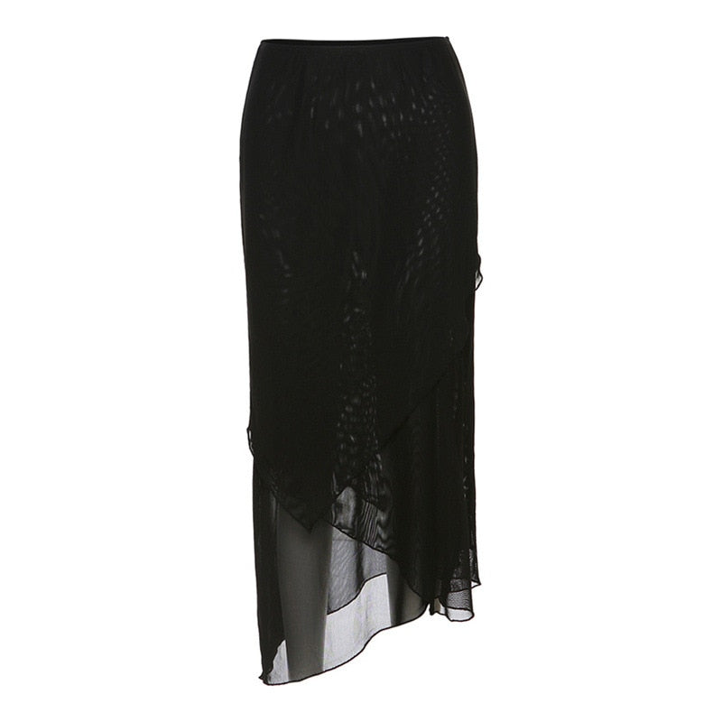 Tawnie Y2K Mesh Skirt 2 Pieces Sets Women 2023 Summer Casual V Neck Long Sleeve Crop Top Bodycon Maxi Skirt Matching Sets Outfit Skirt