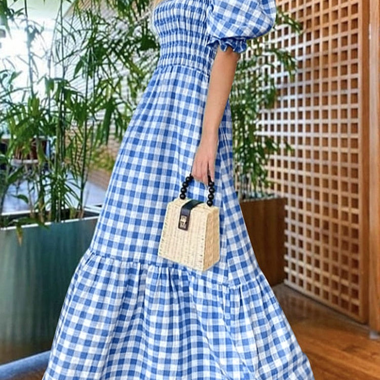 Summer Long Maxi Dress Women Casual Short Sleeve Square Collar Vintage Plaid Party Bohemian Vestidos Loose Sundress