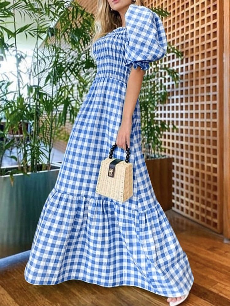 Summer Long Maxi Dress Women Casual Short Sleeve Square Collar Vintage Plaid Party Bohemian Vestidos Loose Sundress