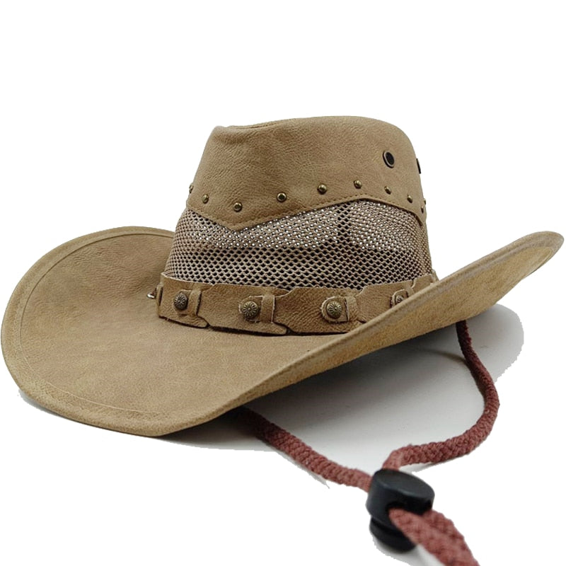 Retro Unisex Vintage Wide Brim Leather Cowboy Cowgirl Western Hat With Tassel Braid Leather Band Size 58-59CM
