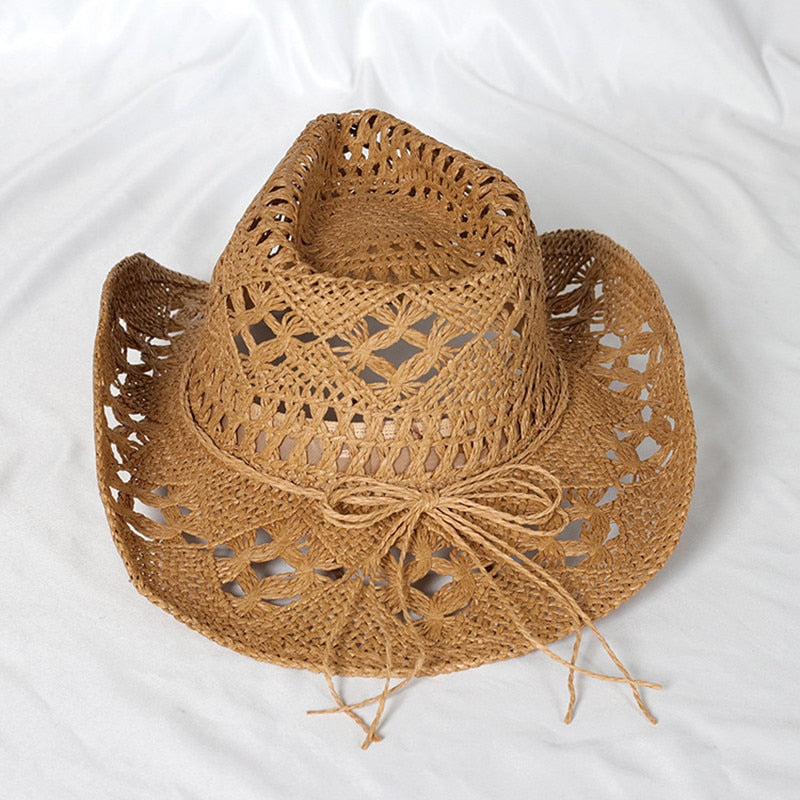 Cowboy hat fashion hollow handmade cowboy straw hat men's summer outdoor travel beach hat unisex solid color western cowboy hat