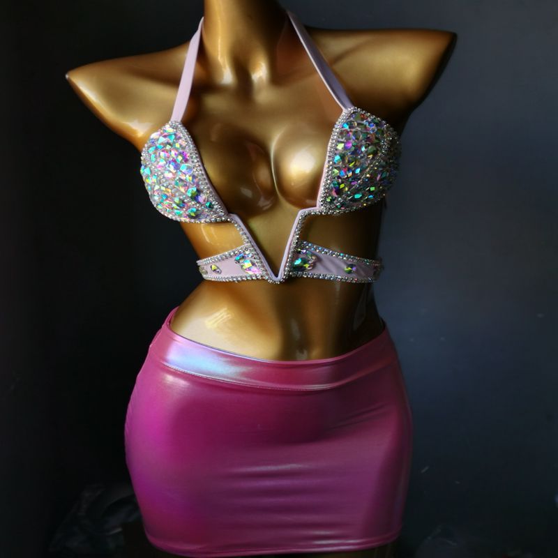 Customized Luxury Rhinestone Dress Crystal Diamond Nightclub Bikini Split Skirt Suit