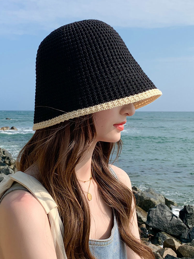 Summer Bicolor Knit Bucket Hat For Woman Trendy Black Bucket Hat Sun Caps Fashion Trend Charm Y2k Young Girl Kpop Gift Girl
