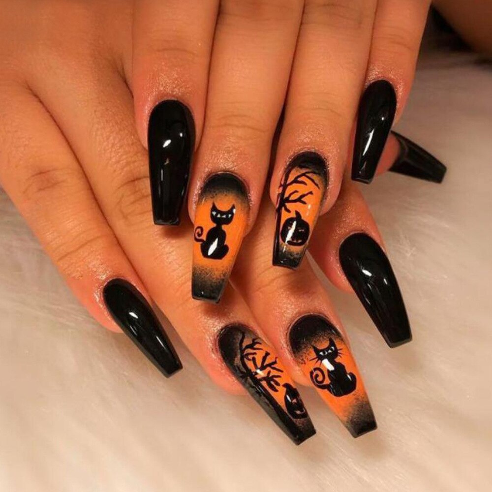 New Halloween Fake Nails Patch Black Almond/Coffin Head Artificial Nail Tips Pumpkin Spider Ghost Printed Press on Nail for Girl Spain Z3