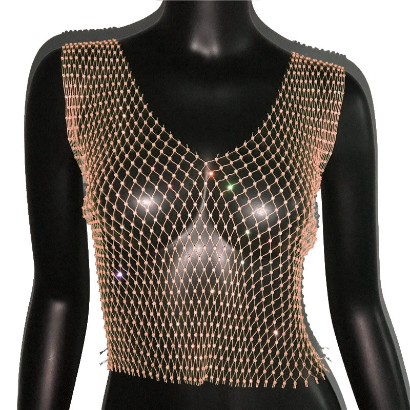 Women's Fishnet Rhinestone Crop Top 2023 Summer Sexy Mesh High Elastic Black White Shirt Net See Through Rave Diamond Tank Top Skin Color V neck