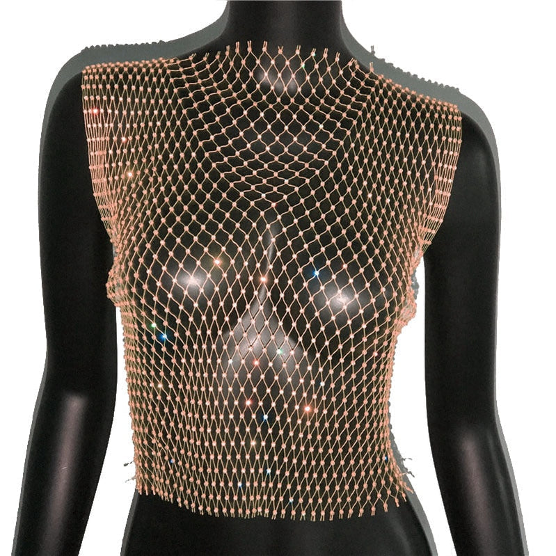 Women's Fishnet Rhinestone Crop Top 2023 Summer Sexy Mesh High Elastic Black White Shirt Net See Through Rave Diamond Tank Top Skin Color O neck