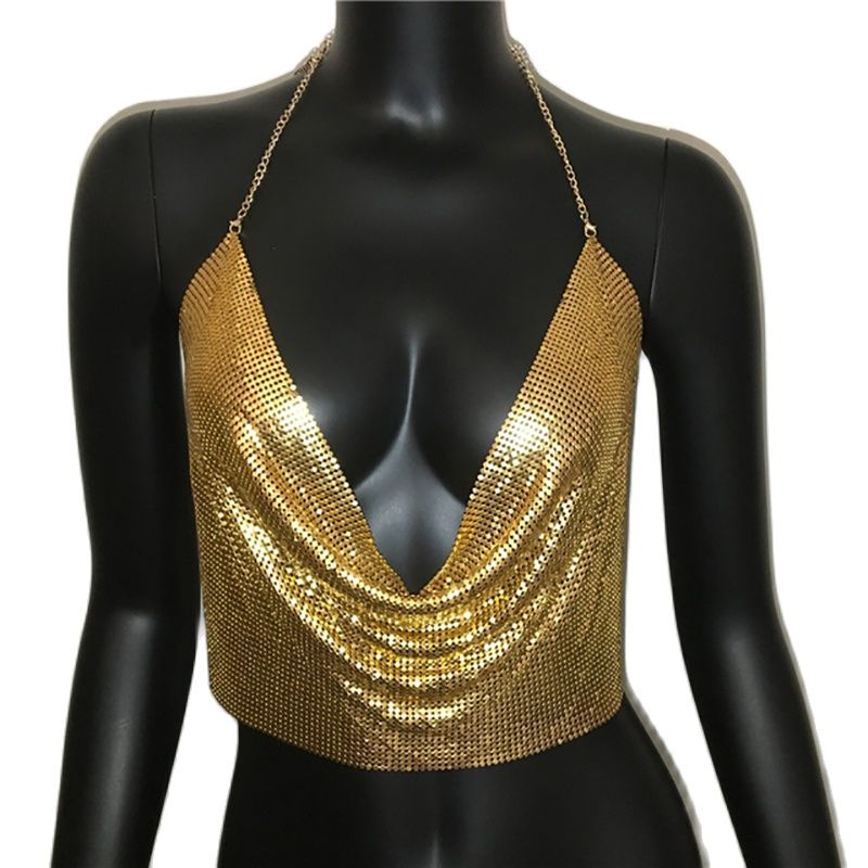 Women Sexy Metal Sequined Tank Camis Summer Gold Silver Backless Cropped Glitter Beach Club Show Wear Tank Tops Gold 25 cm One Size