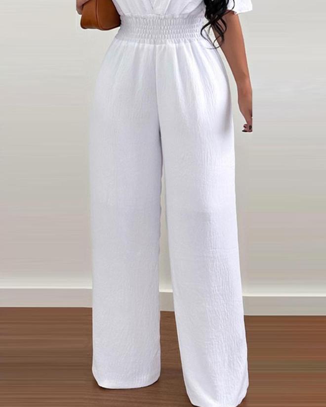 Jumpsuits for Women Spring Fashion Off Shoulder Casual Plain Short Sleeve Shirred Waist Daily Long Wide Leg Jumpsuit