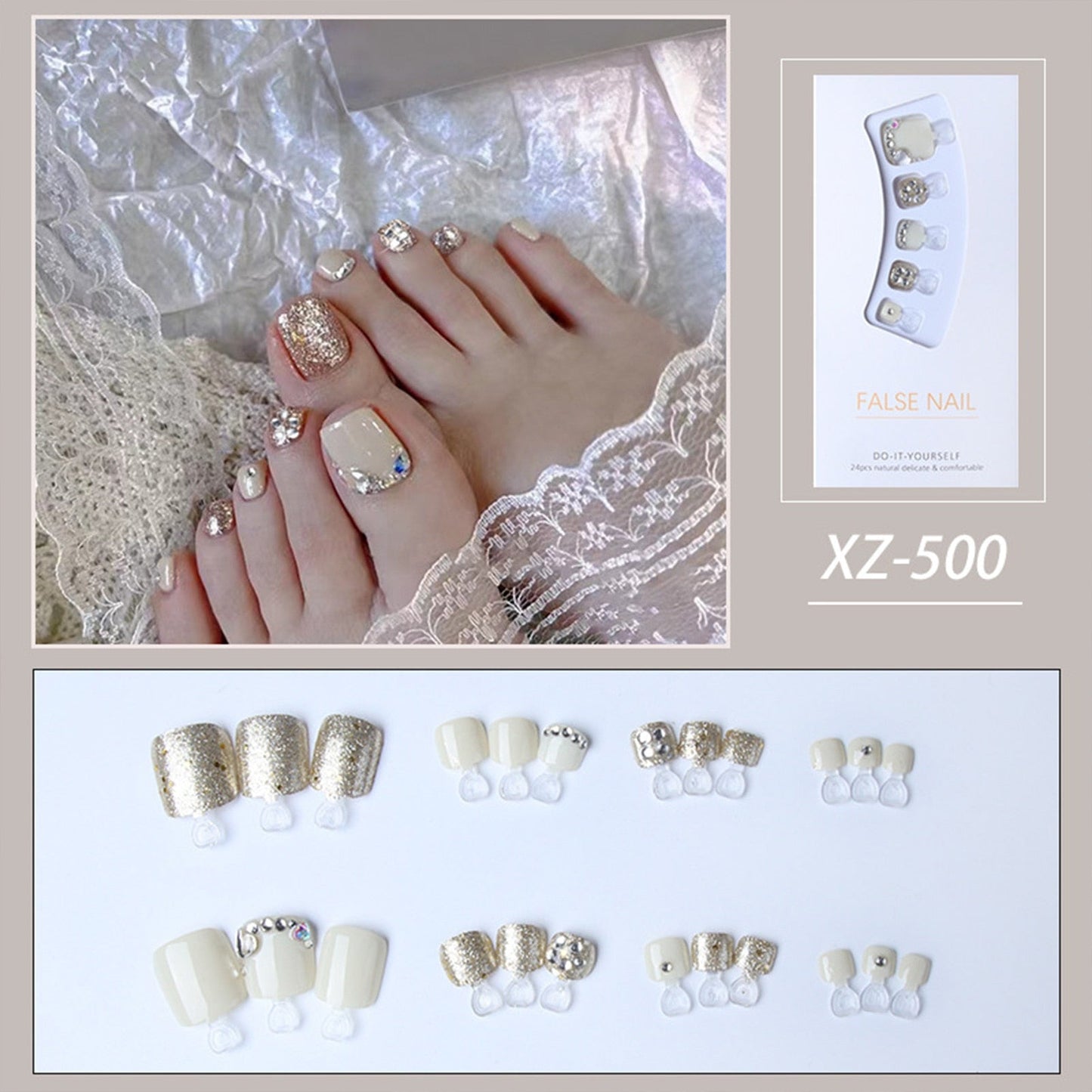Summer Gold Full Diamond Feet Nails Press On Fake Glitter Toe Nail Stickers Full Cover Toe Nail Tips False Foot Nails