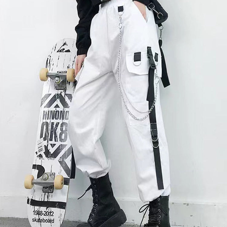 Women Cargo Pants Harem Pants Fashion Punk Pockets Jogger Trousers With Chain Harajuku Elastics High Waist Streetwear White