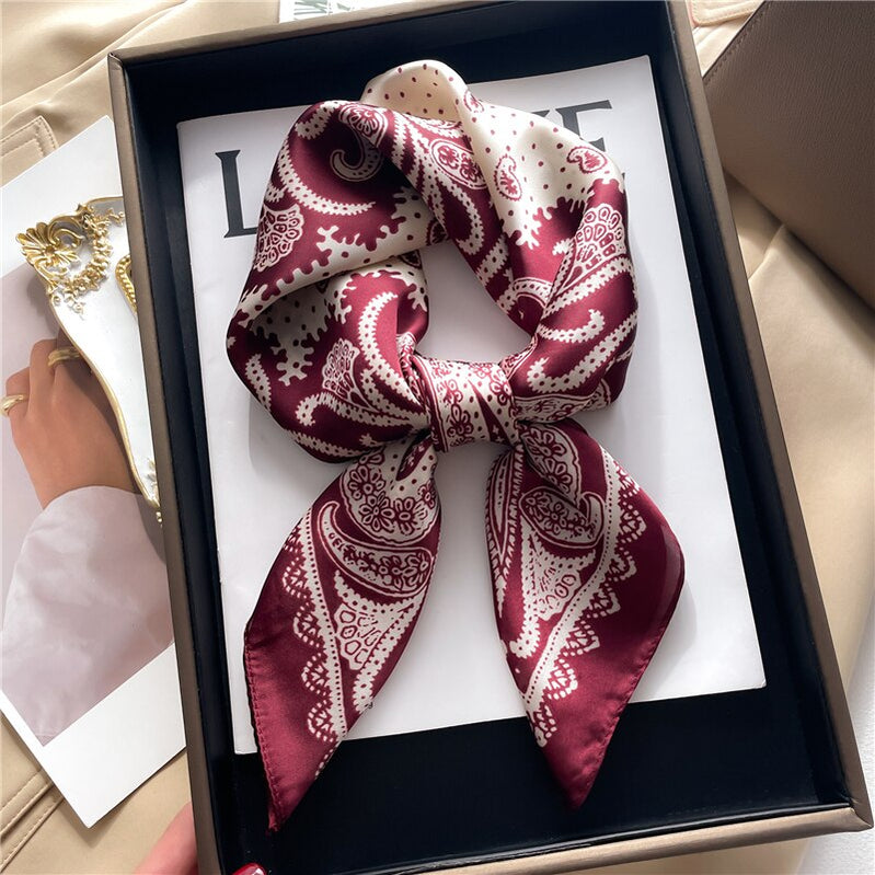 Fashion Hair Scarf for Women Decor Headband Ribbon Satin Silk Square Scarves Lady Wrist Wrap Shawls Design Bandana Foulard FJ708-2
