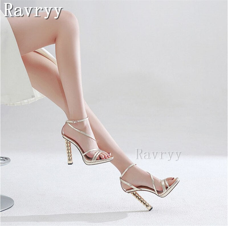 Leather High Heel Sandals Gold Sliver Waterproof Platform Round Toe Buckle Strap Women's Sexy Stiletto Shoes