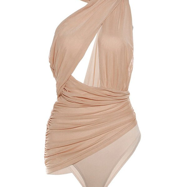 Fashion Bodysuit Sexy Halter Backless Hollow Jumpsuit Gauze Stitching High Waist Bodysuit Women's Statement Streetwear Khaki