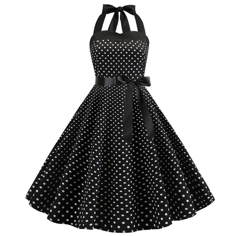 Polka Dot Dress Women Vintage Swing Halter Belt 50s 60s Rockabilly Prom Party Dresses Retro Feminino Vestidos 1014-BLACK
