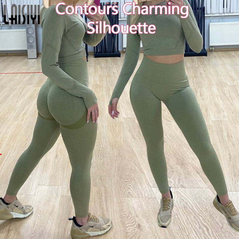 Women's Sets Skinny Tracksuit Breathable Bra Long Sleeve Top Seamless Outfits High Waist Push Up Leggings Gym Clothes Sport Suit