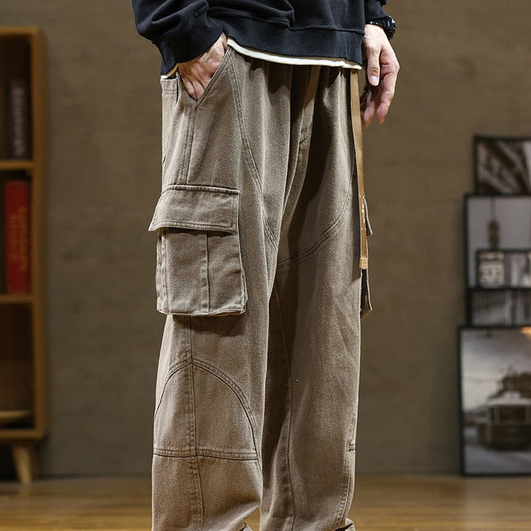 Autumn New Cargo Pants Men Multi-Pockets Cotton Casual Wide Pants Male Workwear Loose Straight Trousers Big Size 7XL 8XL Auburn