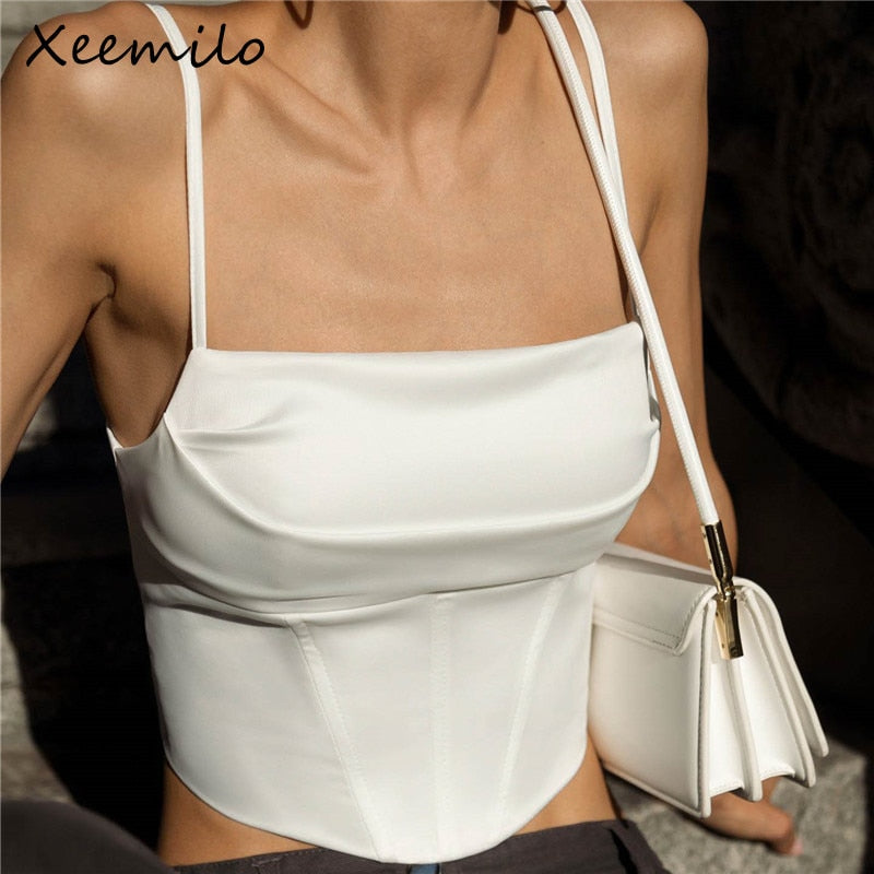 Xeemilo Spaghetti Strap Tank Top Sexy Backless Bandage Skinny Crop Tops 2023 Summer Elegant Lace Up Party Streetwear Women Camis