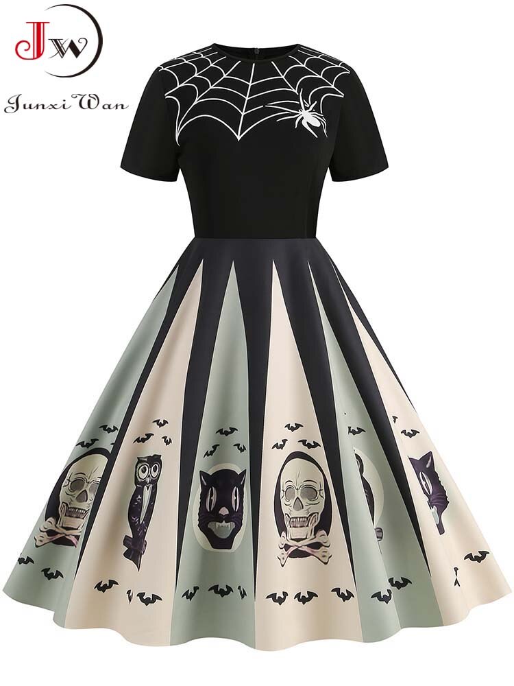 Women Halloween Costumes Dresses Short Sleeve Print Autumn Winter Vintage Party Dress Vestidos