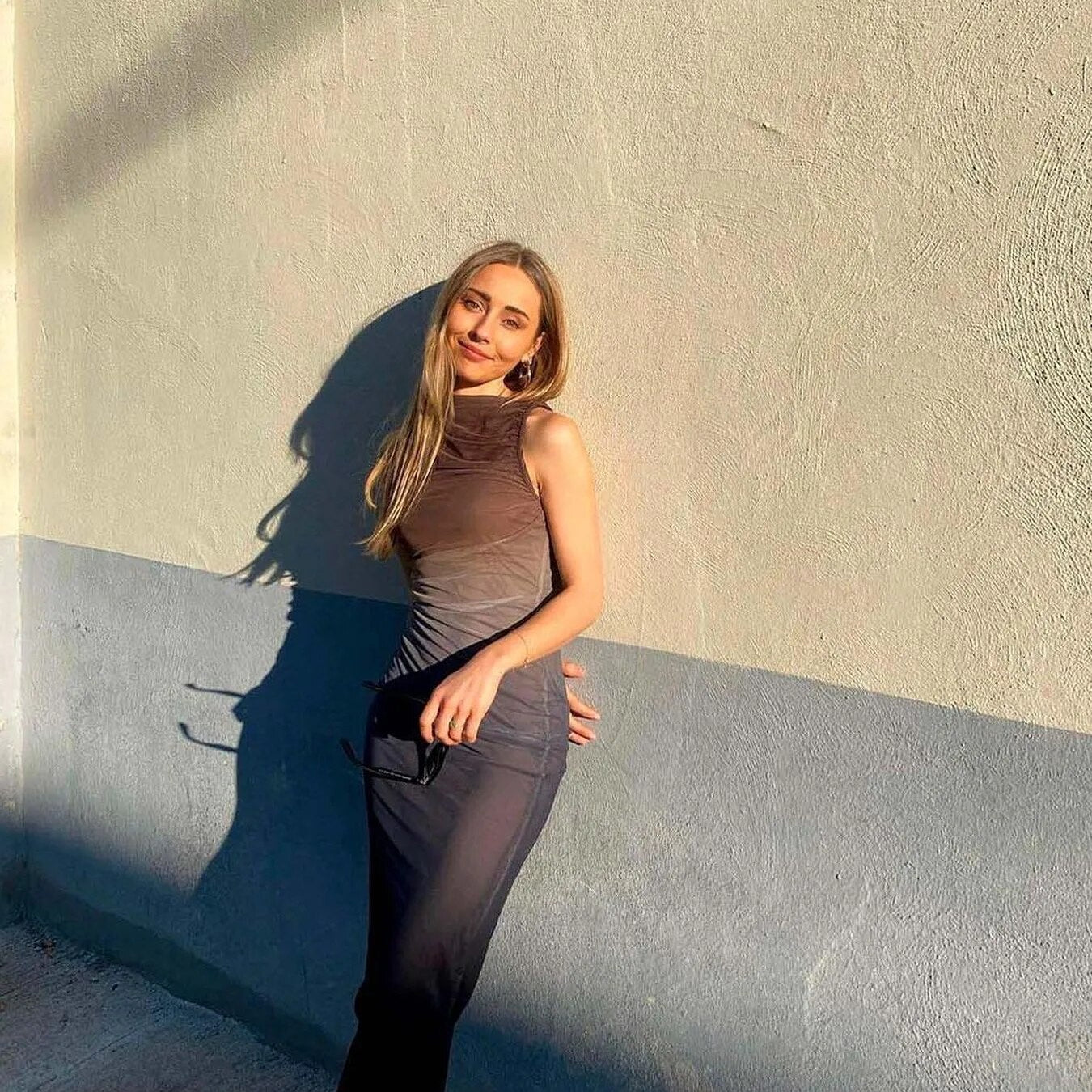 Women's Breathable Bodycon Maxi Dress Sleeveless Round Neck Gradient Print Ruched Tank Women's Clothing Dresses Beachwear